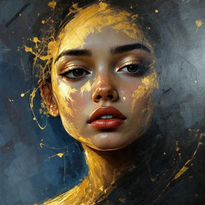 The primary subject of the image is a woman with a yellowish glow on her face. She is looking directly at the camera, and her eyes are open. The setting is a dark background, which contrasts with the woman's face. The visual style is a painting, and the colors and mood are warm and inviting.